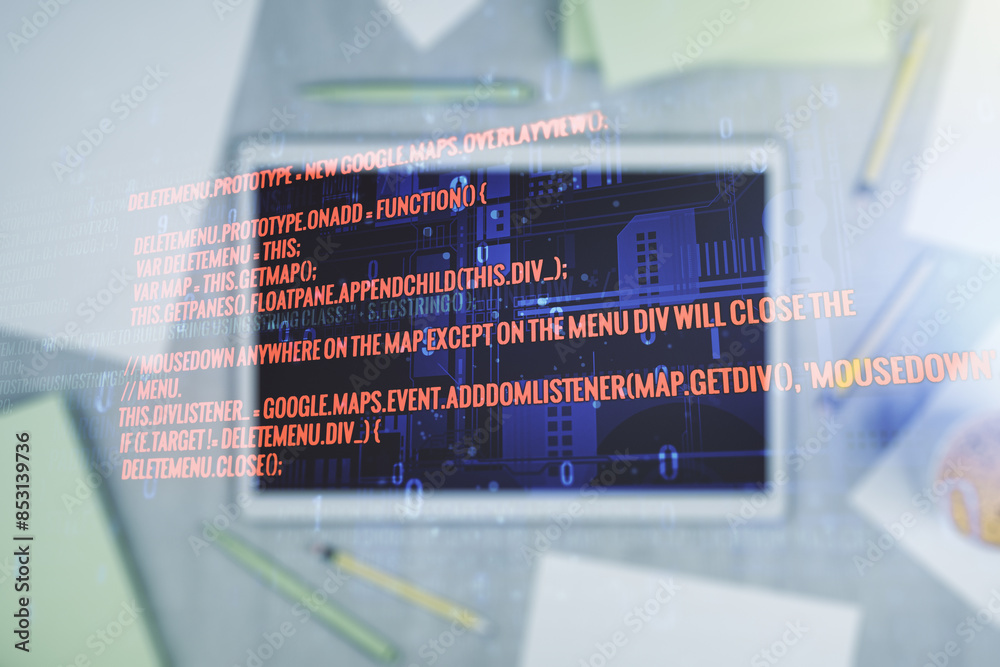 Aufkleber double exposure of abstract creative programming illustration and modern digital tablet on backgroun