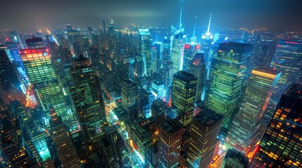 Vibrant Night Cityscape with Bright Skyscrapers