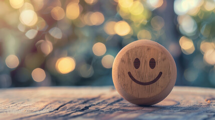 Wooden smiley emoticon with natural bokeh background. International Day of Happiness and Mental Health concept