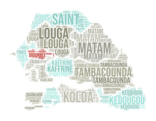 Senegal word cloud in the shape of the country with region divisions. Senegal typography style image with region names tag clouds. Vector illustration.