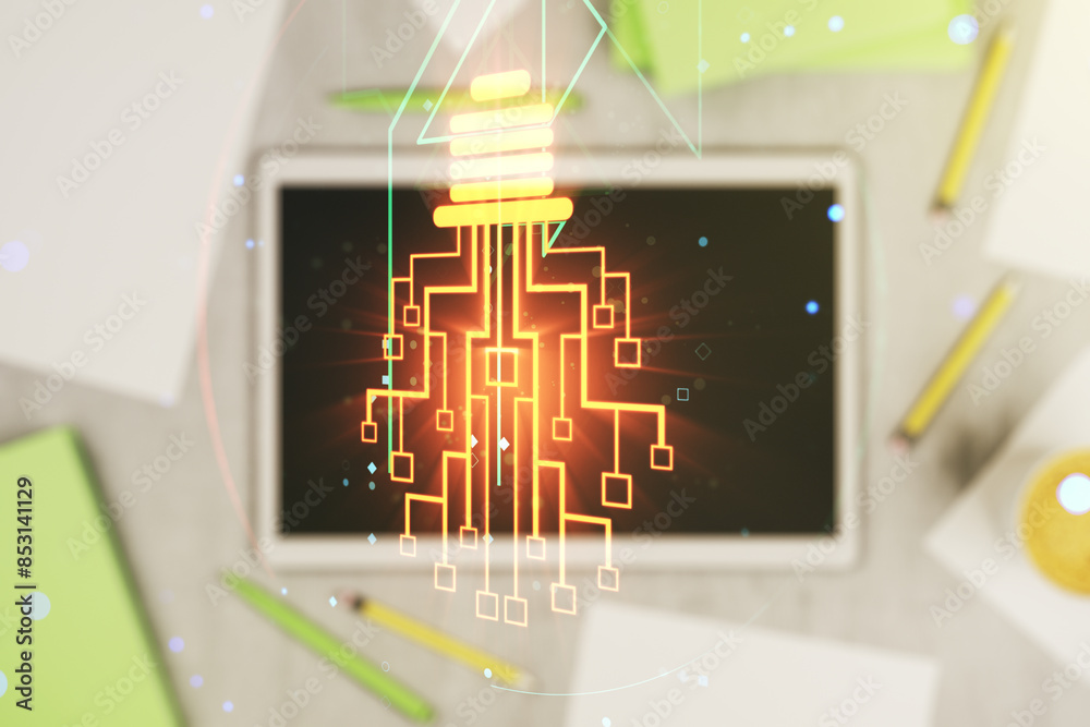 Poster creative light bulb illustration with microcircuit and modern digital tablet on desktop on backgroun