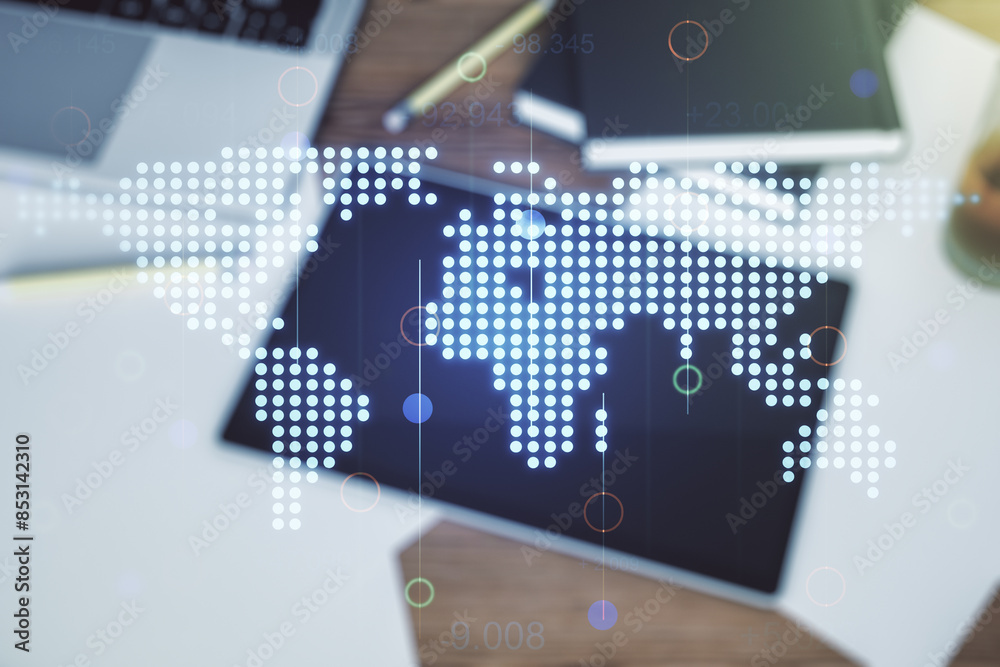 Poster multi exposure of abstract creative digital world map and modern digital tablet on background, top v