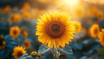 Naklejka premium Beautiful sunflowers in a field on a beautiful summer day