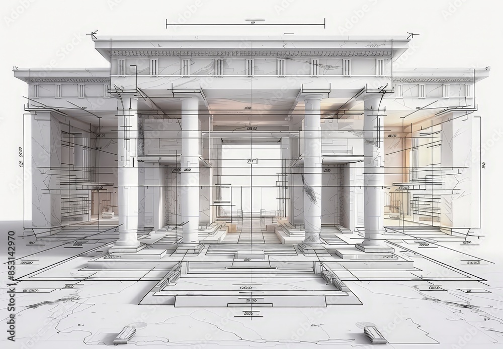 Poster Wireframe rendering of an ancient building in the classical style