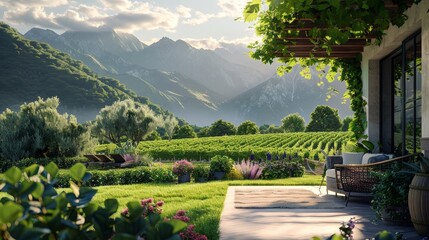 Fototapeta premium Scenic view of a vineyard with mountains in the background, cozy terrace with plants and furniture in the foreground, peaceful and serene landscape.
