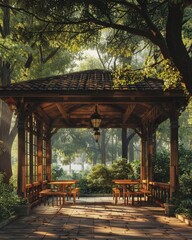 Obraz premium Serene wooden gazebo in a lush green garden, bathed in warm sunlight, ideal for relaxation and peaceful outdoor moments.