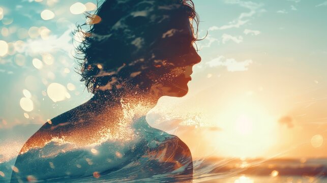 Silhouette of a person with superimposed ocean waves at sunset, blending elements of nature and human form, depicting peace and tranquility.