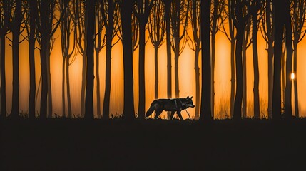 Wolf Silhouette in Sunset Forest.