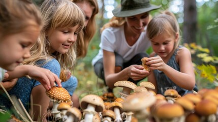 Family members, including children, engaging with the mushroom growing kit,