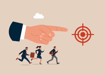 Running fast business people goal target fingers point show correct direction. Flat vector illustration