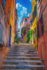 Fototapeta premium A set of stairs leading up between colorful buildings in a barrio residential neighborhood
