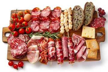 Assorted breakfast board with bacon, tomatoes, meats, cheeses, veggies, fruits, crackers