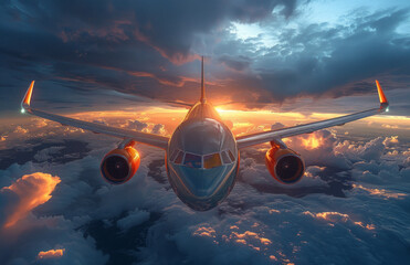 A plane is flying through a cloudy sky with the sun shining through the clouds. Scene is peaceful and serene, as the plane soars through the sky with the sun shining down on it