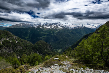 Fototapeta premium Landscape view of the the Trient Valley, with the Mont-Blanc in the background, shot in Emosson, Valais, Switzerland