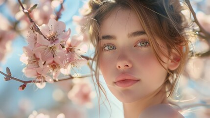 Fototapeta premium Young Woman Standing Under Blossoming Tree