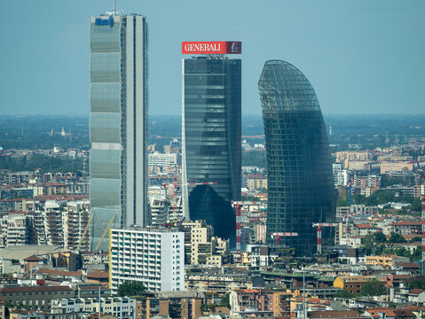 Milano, Italy. Amazing aerial view of the iconic Generali, Allianz and PWC towers at CityLife district. Modern buildings