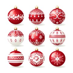 Vibrant Red and White Christmas Ornaments Vector Set on Bright Background
