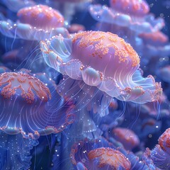Beautiful close-up of glowing jellyfish with mesmerizing patterns, floating gracefully in the vibrant blue ocean waters.