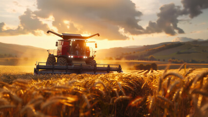 Fototapeta premium Aerial view of combine harvester the wheat field, working the farm land.
