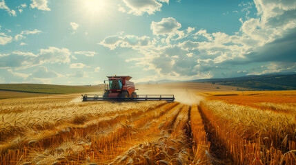 Obraz premium Aerial view of combine harvester the wheat field, working the farm land.
