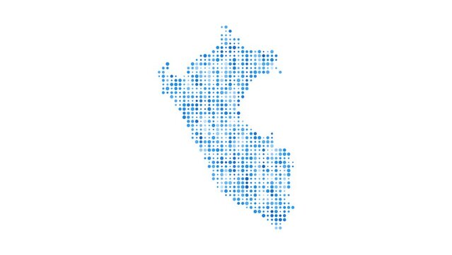 Peru dotted digital map. Map of Peru with pulsating colored circles. Shape of the country filled with blue disks. Stylish video.