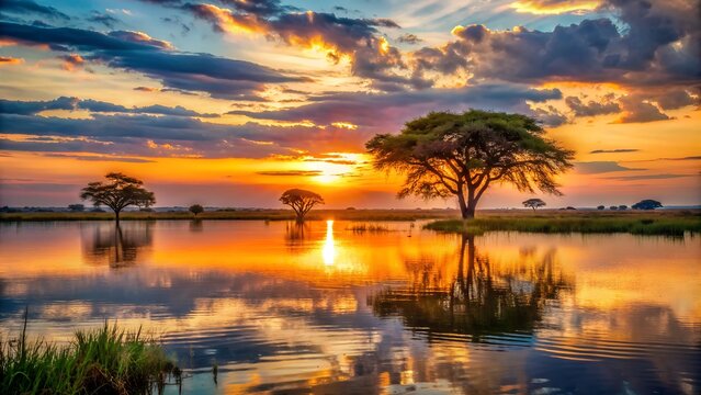 Landschaft in Afrika - Gew&auml;sser mit Spiegelung