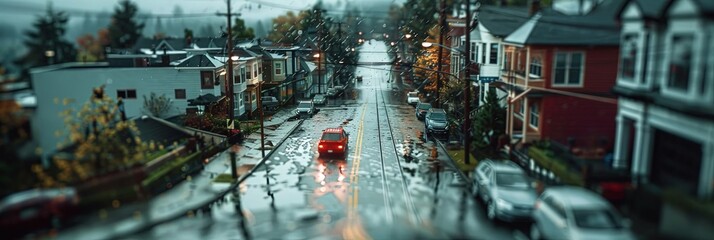 tilt shift photo of Portland neighborhood after the rain, 