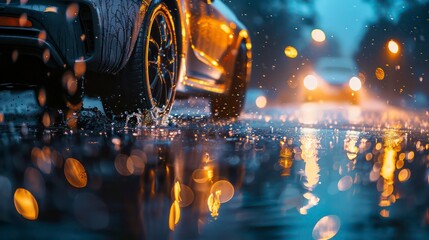 A car is driving through a water puddle on the road.