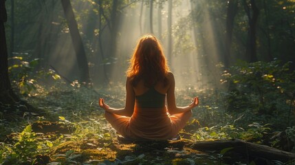 Woman relaxingly practicing meditation yoga in the forest to attain happiness from inner peace wisdom with beam of sun light for healthy mind and soul