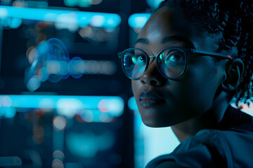Black Female IT Specialist Analyzing Data on Multiple Screens with Advanced Cybersecurity and AI Technology in Dark High-Tech Lab