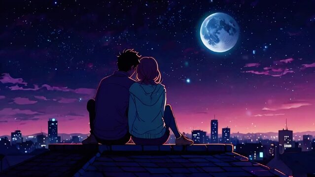 lovely romantic couple chilling on rooftops, under the moon, with twinkling stars, falling stars, seamless 4K Lofi looping animation for Valentine's Day, Cyan purple colours manga anime style