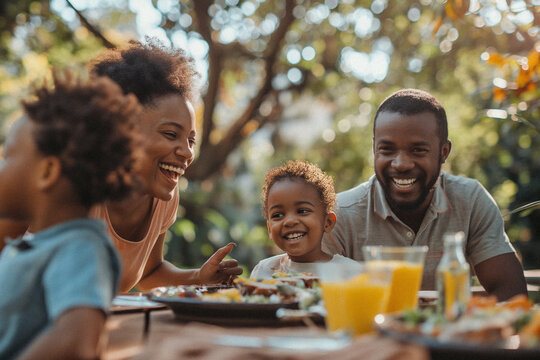 A diverse young family enjoying a summer day being outside together eating lunch in their beautiful backyard laughing with each other. Themes of unity, happiness and family - Powered by Adobe