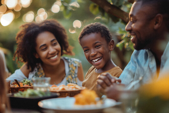 A diverse young family enjoying a summer day being outside together eating lunch in their beautiful backyard laughing with each other. Themes of unity, happiness and family
