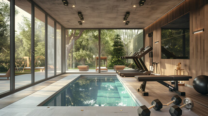 Gym with spa swimming pool in interior modern house. Serene partial contemporary style