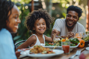 A diverse young family enjoying a summer day being outside together eating lunch in their beautiful backyard laughing with each other. Themes of unity, happiness and family