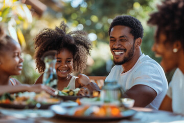 A diverse young family enjoying a summer day being outside together eating lunch in their beautiful backyard laughing with each other. Themes of unity, happiness and family