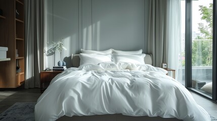 Bed With White Sheets and Pillows in Room