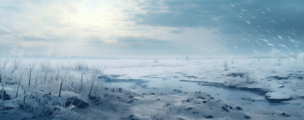 Obraz premium Winter snowy mountain with river in snow landscape.