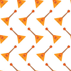 Seamless vector pattern featuring traditional Russian balalaikas. Perfect for cultural projects, textiles, wallpapers. Celebrate Russian heritage with this unique musical instrument design 