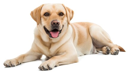 Happy Golden Labrador Retriever Dog is Sitting and Looking at the Camera Studio Photo White Background