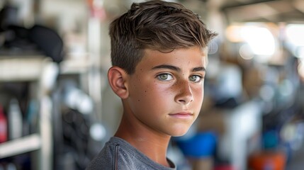 Fototapeta premium Boy in White Shirt With Short Haircut