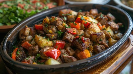Mixed vegetables and cubed meat in Turkish Turlu dish