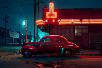 Classic vintage car parked under bright neon lights outside a retro diner on a quiet street at night with an empty dimly lit urban scene