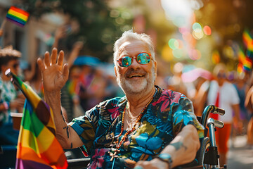 Happy senior man in wheelchair celebrating LGBTQ+ pride parade on a sunny day, waving rainbow flag, and wearing colorful clothing in blurred crowd background