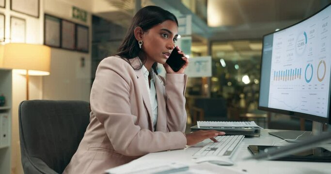 Business woman, night and consultant with phone call for financial discussion or project deadline at office. Frustrated female person working late for conversation in stress on mobile smartphone