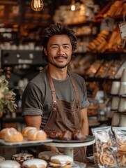 Proud cafe owner in a bustling coffee shop, warm and inviting atmosphere, bright and lively scene