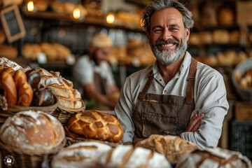 Happy bakery owner with freshly baked bread, warm bakery interior, bright and inviting environment