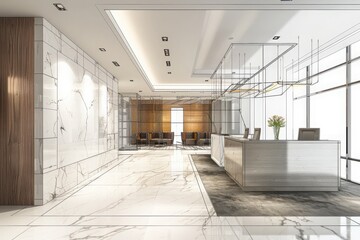 A sleek, modern office lobby with white marble floors, a reception desk, and a large window.