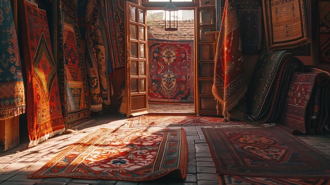 Beautiful Red and Blue Persian Rugs Displayed in a Traditional Shop, Wallpaper: Vibrant and Intricate Persian Rugs in a Rustic Setting