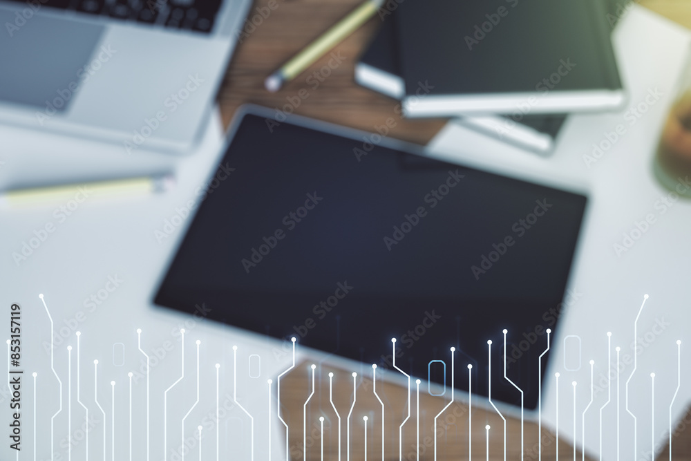 Aufkleber creative concept of microscheme illustration and modern digital tablet on background, top view. big 